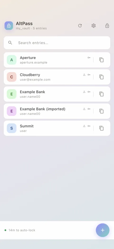 AltPass vault list on iPhone